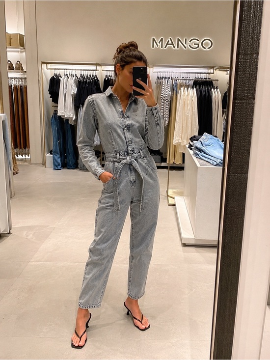 Mango Pants - MANGO Gray Denim Utility Jumpsuit Belted Boiler Suit XS